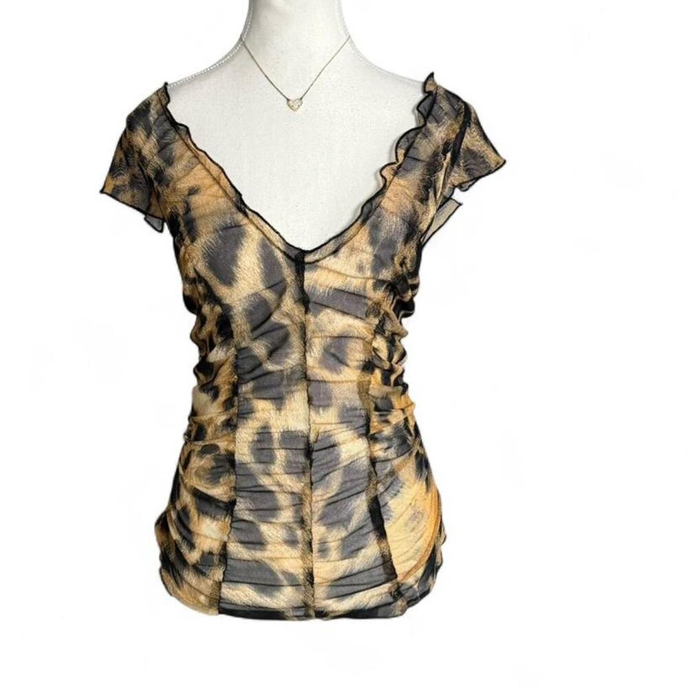 Sheer Leopard Ruched V-Neck Blouse - Yellow Black